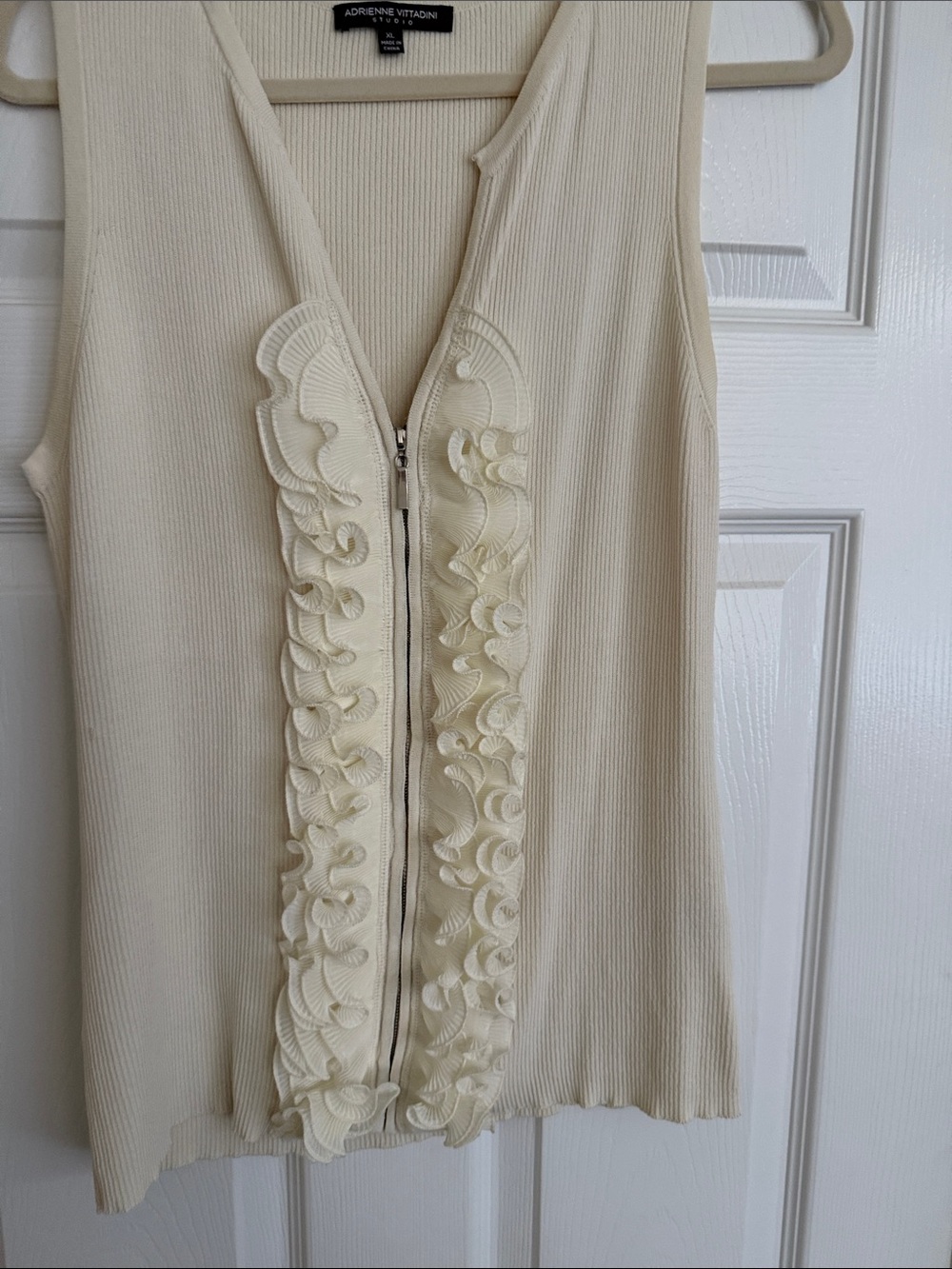 Adrienne Vittadini Ivory Zip-Front Ruffle Knit Tank